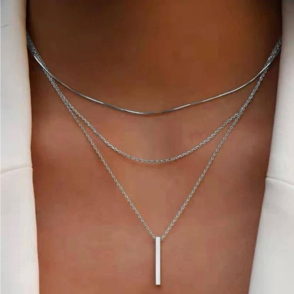 Silver 1pc Bar Layered Necklace - Picture 1 of 2